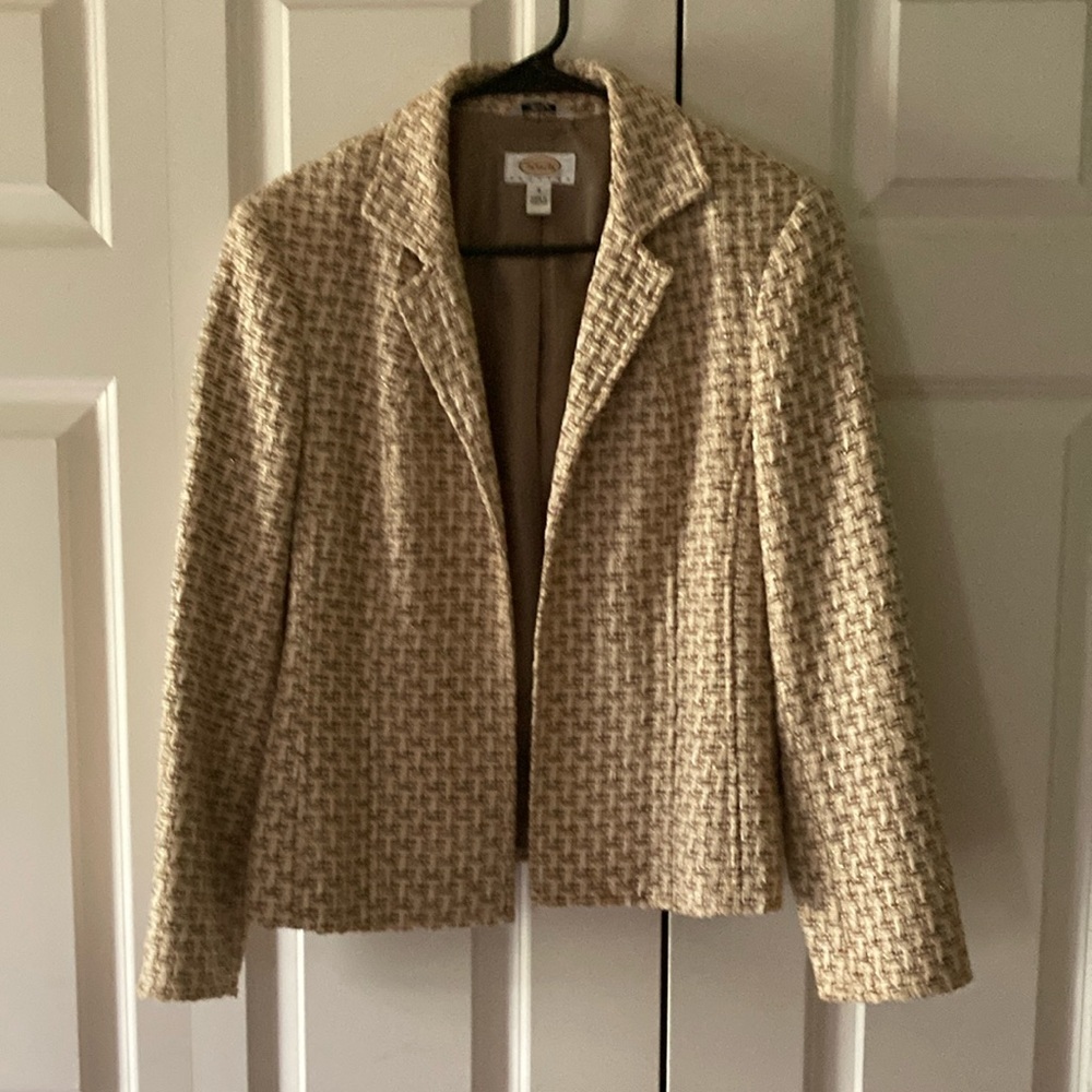 Talbots women’s open front blazer 8P tweed tan white gold  Italian fabric